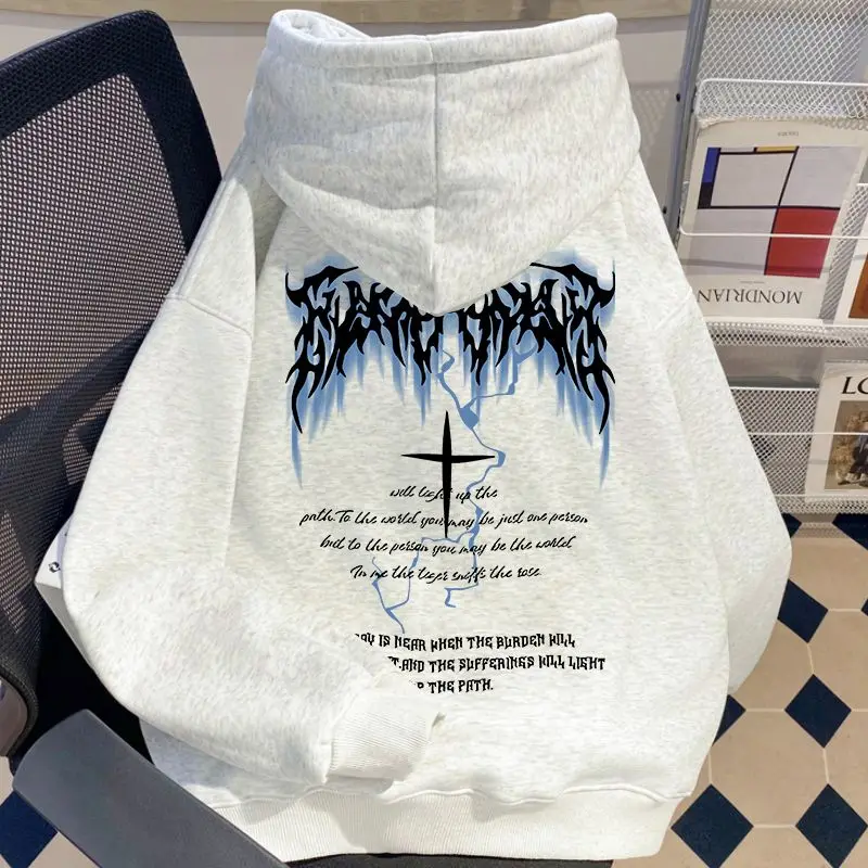 High Street Fashion Hooded Sweatshirt American Lightning Cross Printed Cotton Loose Fit Hoodie for Men