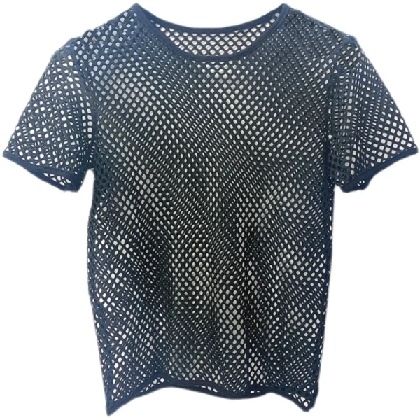 European American Summer New Product Men's Personalized Neck Cut T-Shirt Casual Group Blouse Mesh Fishnet Breathable Hole Solid - Image 5