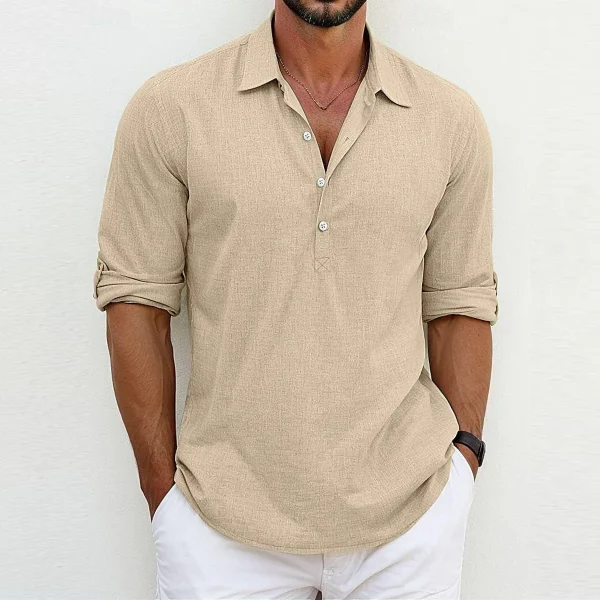 2025 Summer Trendy Solid Color 100% Cotton Men's Casual Long Sleeve Turn-Down Collar Half Cardigan European American Plus Size - Image 3