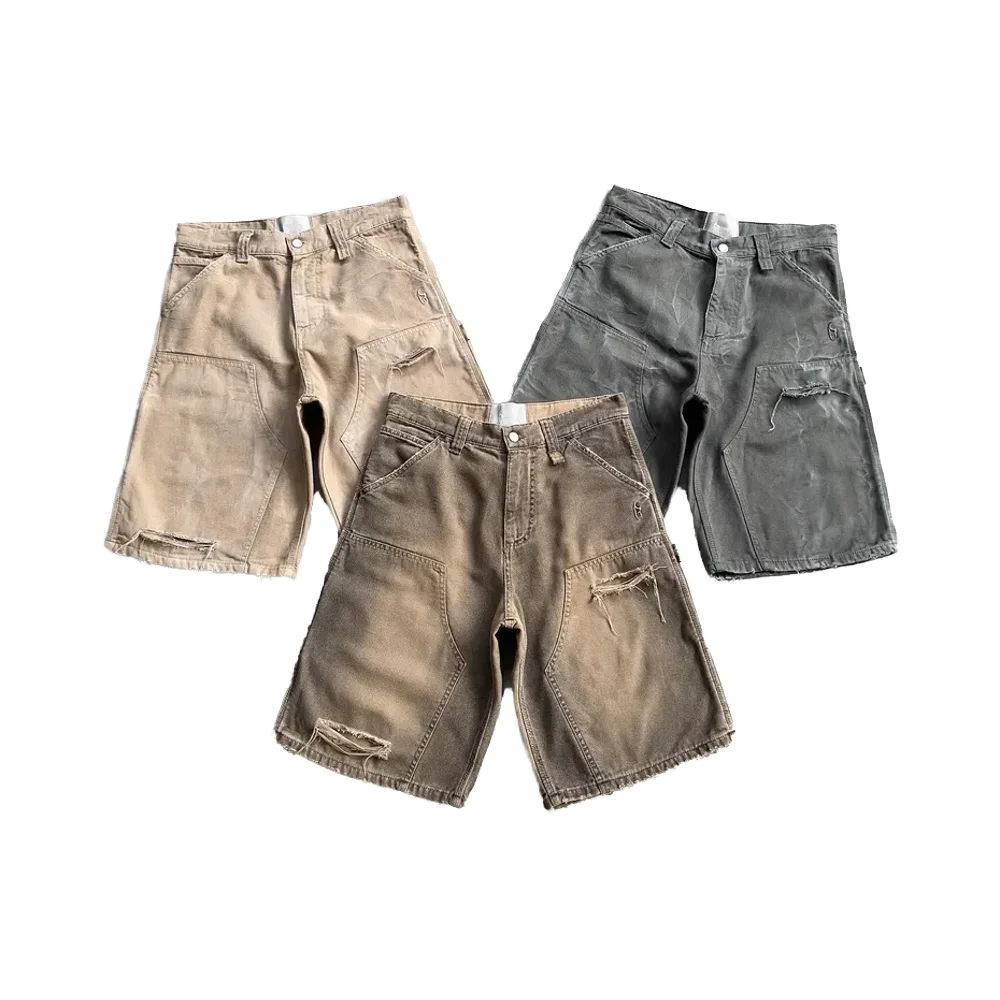 American European Men’s Vintage Print Mid-Waist High-Waist Light-Colored Wash Embroidery Oversized Denim Shorts for Summer