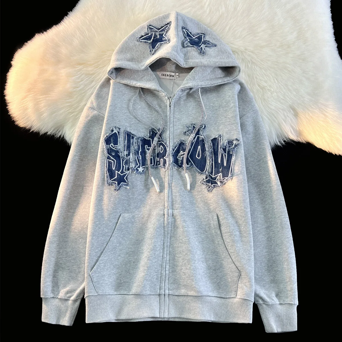 American Retro Trendy Letter Star Cardigan Jacket for Men Women 100% Cotton Hoodie Oversize Zipper Sweatshirt