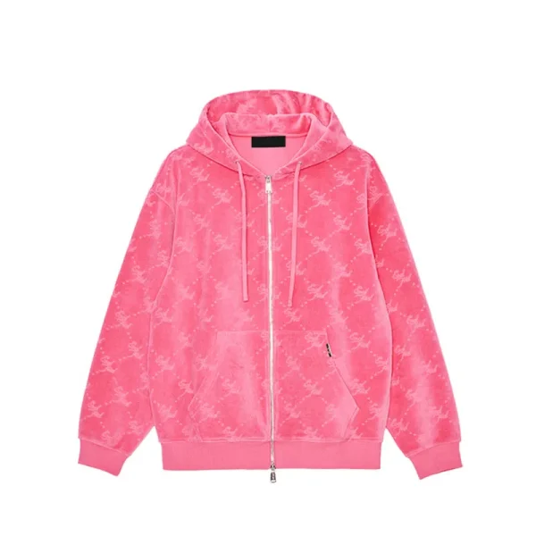 Unisex Acid Wash Hoodie with Rhinestone 1 to 1 Print Zip up Hooded Collar Knitted Material - Image 3