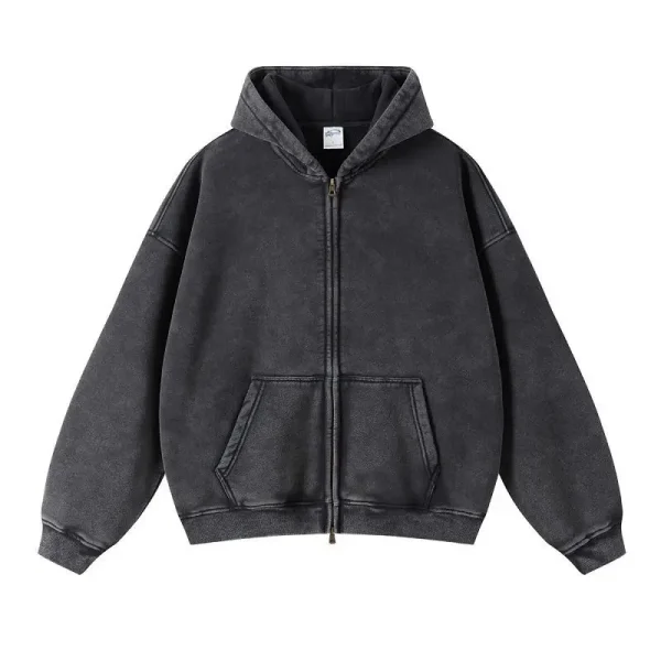 Autumn Men's 100% Cotton Cardigan Sweater Loose Distressed Hoodie with Zipper American European Oversize Design Solid Pattern - Image 3