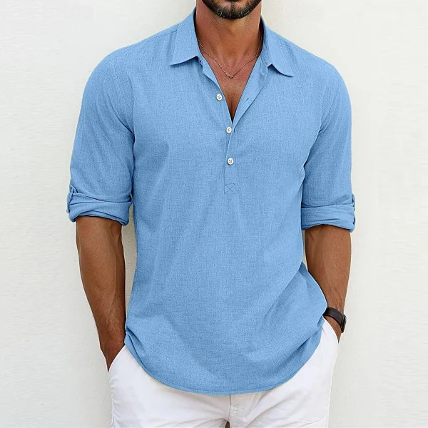 2025 Summer Trendy Solid Color 100% Cotton Men's Casual Long Sleeve Turn-Down Collar Half Cardigan European American Plus Size - Image 2