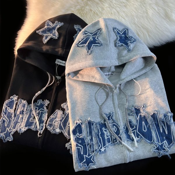 American Retro Trendy Letter Star Cardigan Jacket for Men Women 100% Cotton Hoodie Oversize Zipper Sweatshirt - Image 5