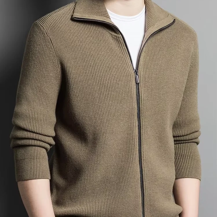Autumn Winter Men’s Mid-High-End British Casual Knitted Cardigan Jacket Turn-Down Collar Full Zipper Pattern Medium Thick