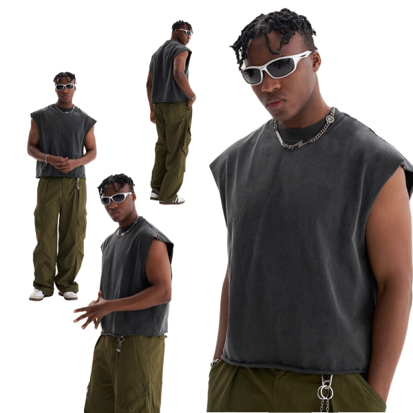Black Cropped Boxy Sleeveless Tank Top Tee Shirts 100% Cotton Heavyweight Wash Cropp Vest Short Sleeves Loose Print for