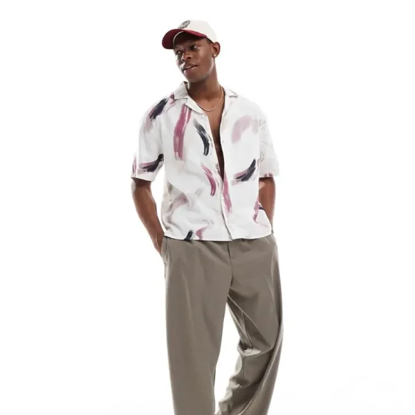 Oversized Linen Half-Sleeve Men's Casual Anti-Shrink Anti-Pilling Abstract Print Button-Up Plus Size Service Available - Image 3