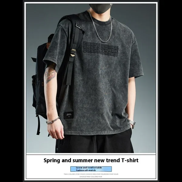 2025 Summer Trendy Men's Clothing Versatile Heavyweight 240 Grams Short-Sleeved T-Shirt New Style Washed Top Loose Fit - Image 2