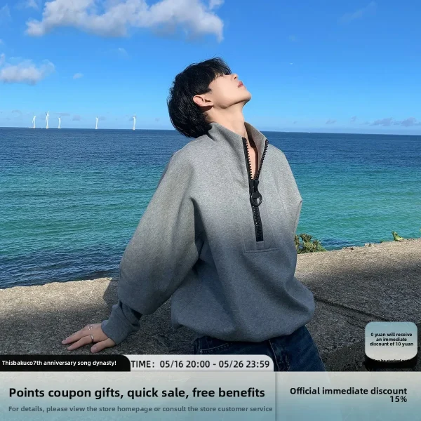 2025 Unisex Korean Style Deconstructed Design Gray Half-Zip Long Sleeve Pullover Sweatshirt Hooded Collar for Autumn - Image 5