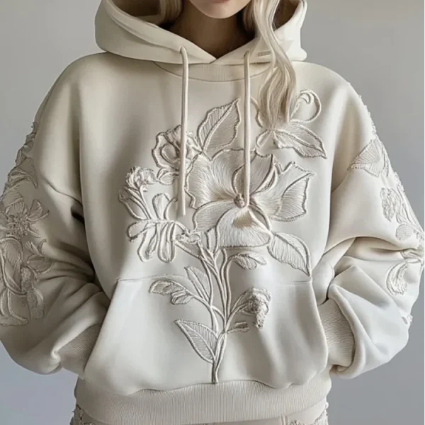 2025 Women's Vintage Wildflower Floral Embroidered Hoodie Sweater Loose Casual Style European American Plus Size for Winter - Image 2