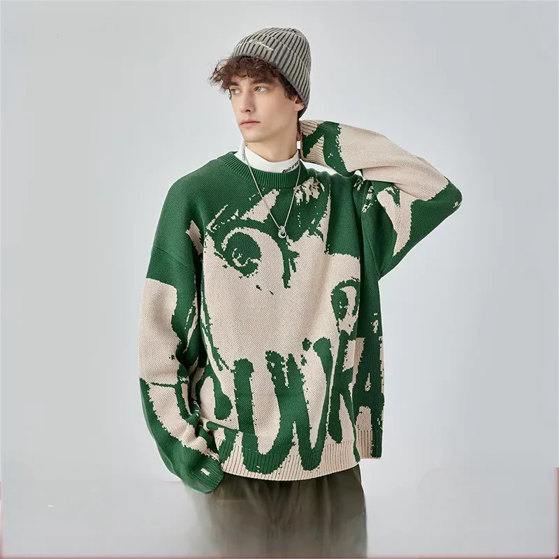 Unisex Bad Student Thick Knit Oversized Sweater American European Trendy Green Cotton Crew Neck Men Women’s Loose Fit for Autumn