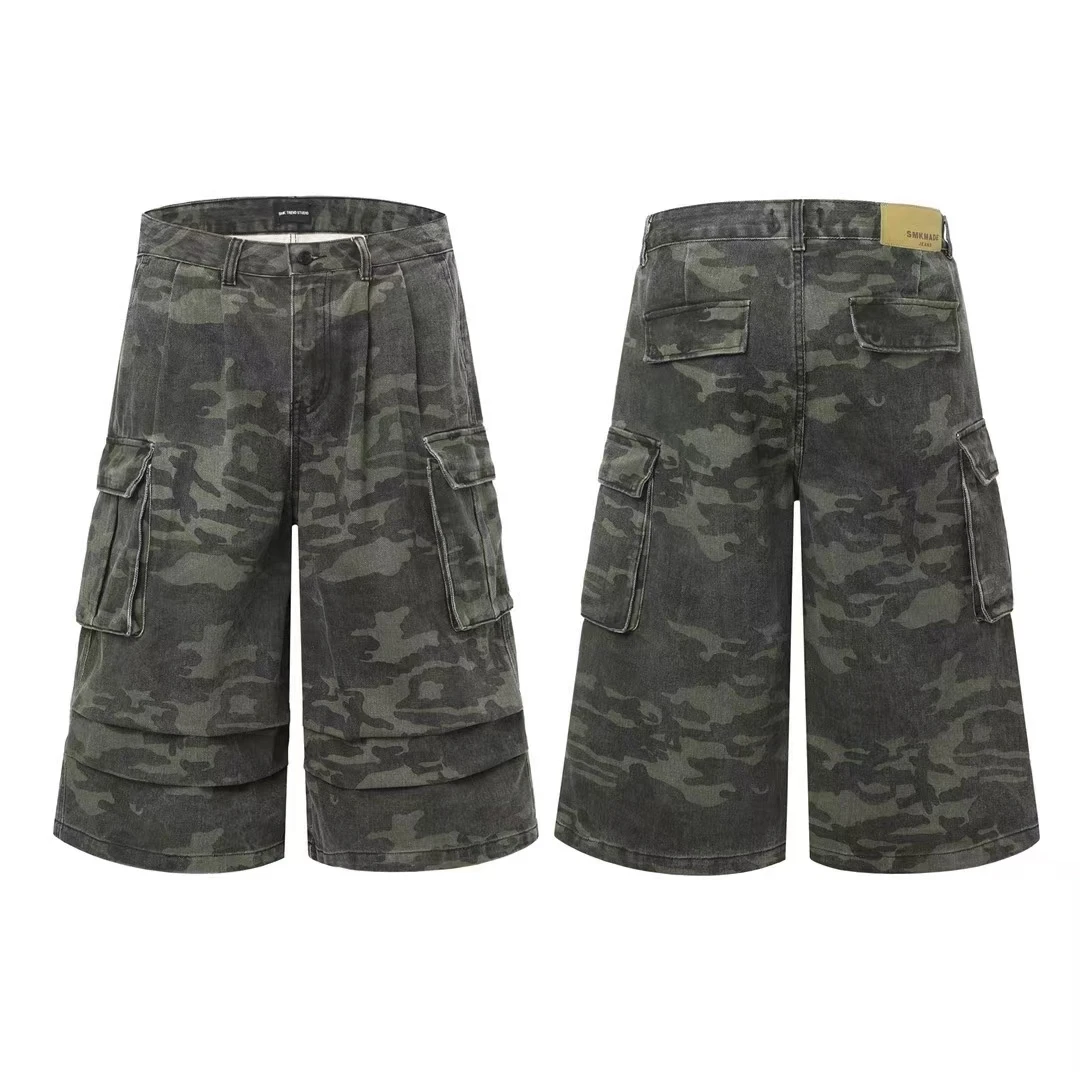 American European Vintage Camouflage  Shorts Cargo Pockets Summer Zipper Fly Design Casual  Shorts for Men