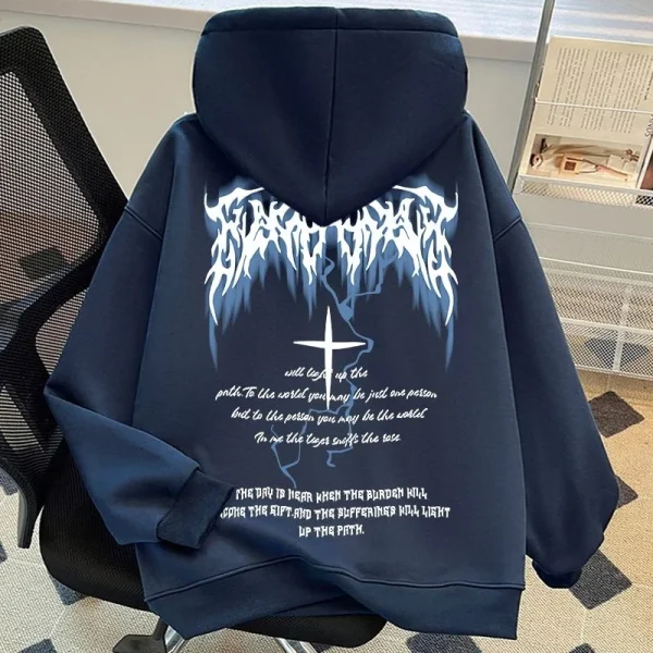 High Street Fashion Hooded Sweatshirt American Lightning Cross Printed Cotton Loose Fit Hoodie for Men - Image 4
