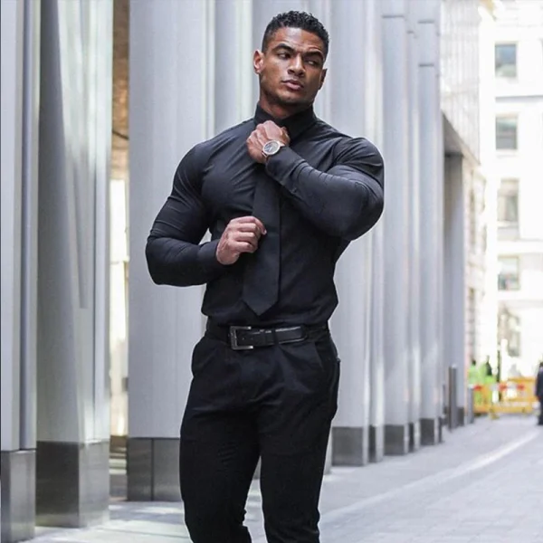 Men's Casual Sports Long-Sleeved Fitness Inner Wear High-Elastic British Trendy Shirt No-Iron Slim Fit Plain Dyed - Image 3