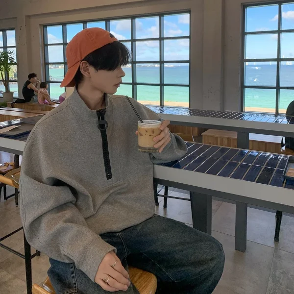 2025 Unisex Korean Style Deconstructed Design Gray Half-Zip Long Sleeve Pullover Sweatshirt Hooded Collar for Autumn - Image 2