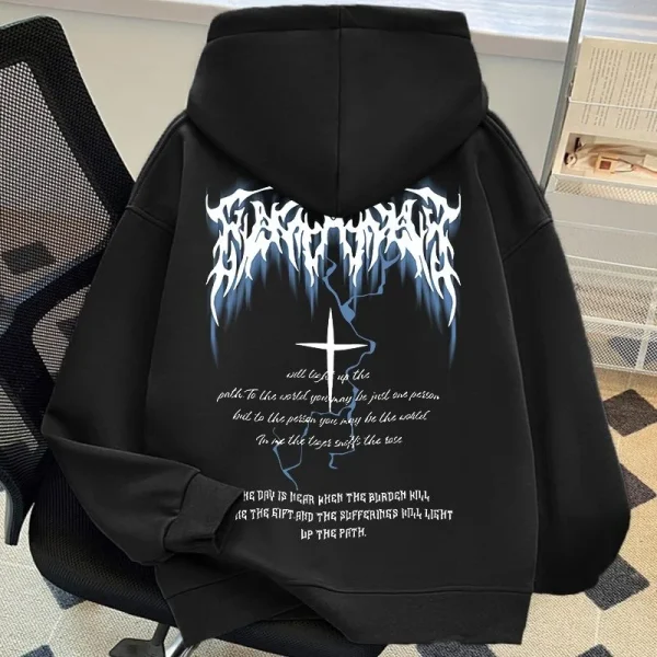 High Street Fashion Hooded Sweatshirt American Lightning Cross Printed Cotton Loose Fit Hoodie for Men - Image 3