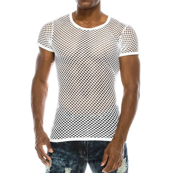 European American Summer New Product Men's Personalized Neck Cut T-Shirt Casual Group Blouse Mesh Fishnet Breathable Hole Solid - Image 2