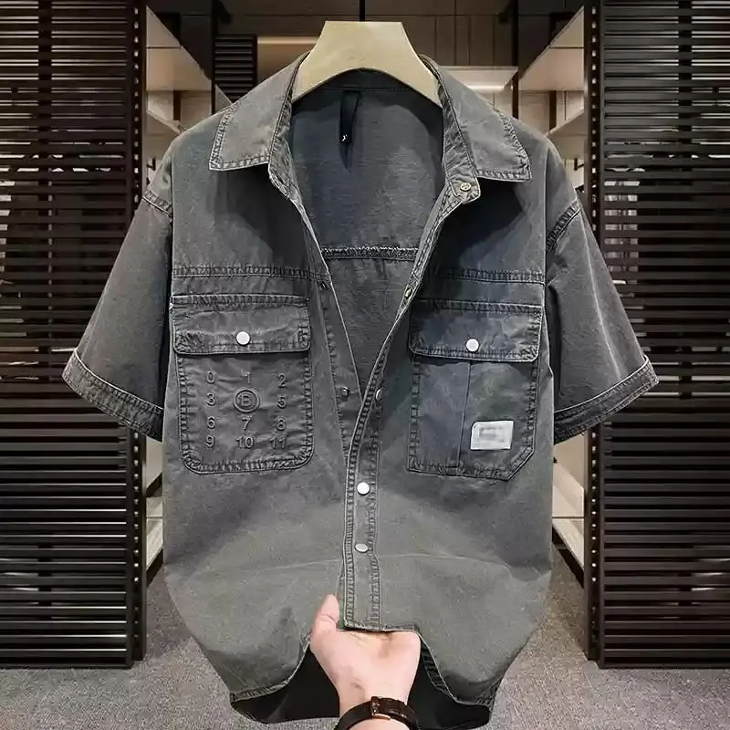 Design Vintage Oversize Men’s Denim Shirts High Quality Washed Denim with Patched Pockets Plus Size Vintage Jeans Shirts
