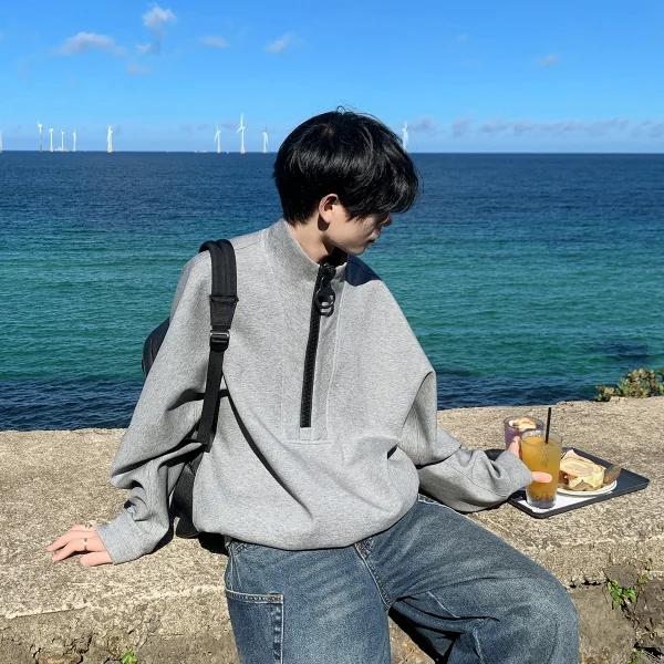 2025 Unisex Korean Style Deconstructed Design Gray Half-Zip Long Sleeve Pullover Sweatshirt Hooded Collar for Autumn - Image 3