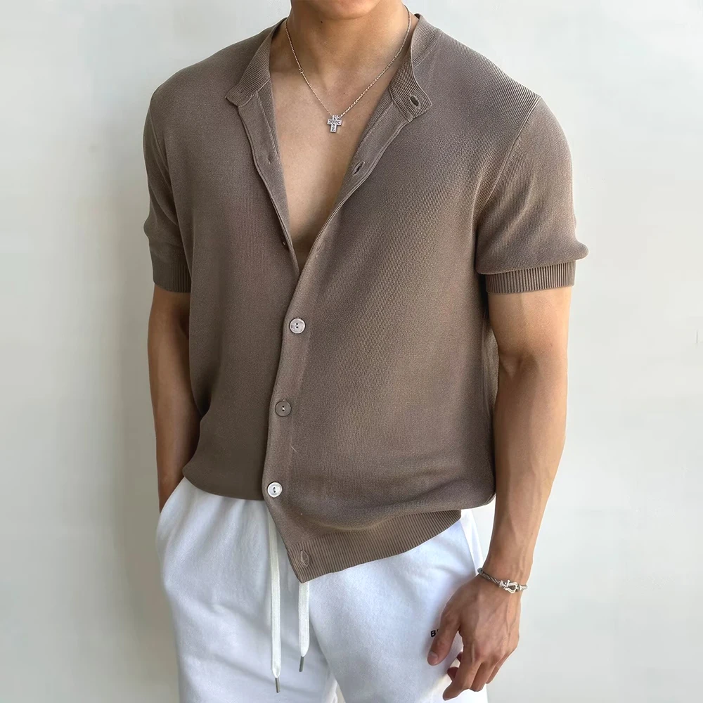 European American Cotton Ice Silk Knitted Cardigan Men’s Stand Collar Cool Breathable Slim Short-Sleeved Casual Shirts