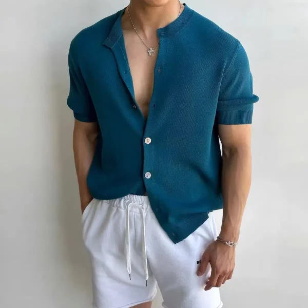 European American Cotton Ice Silk Knitted Cardigan Men's Stand Collar Cool Breathable Slim Short-Sleeved Casual Shirts - Image 4