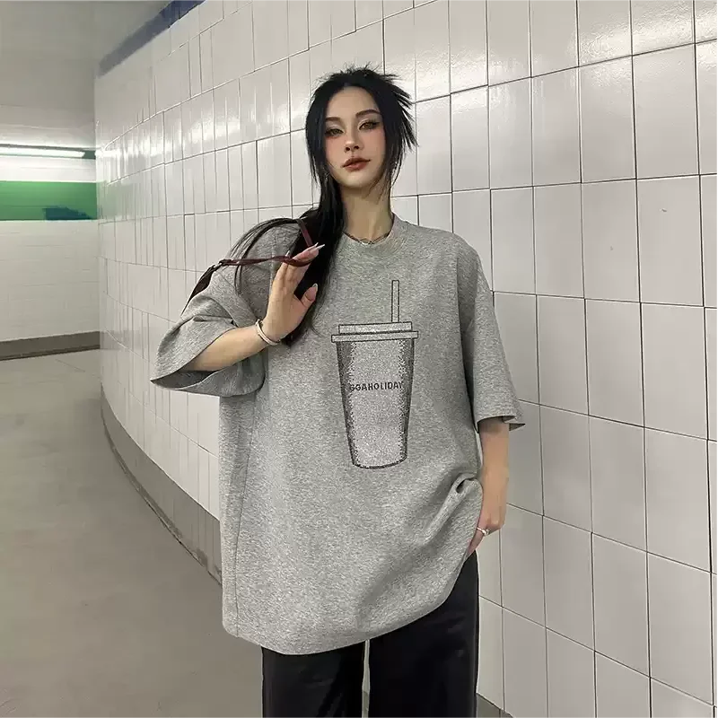 European-Style Summer Cotton T-Shirt for Women Plus-Size  Casual Loose Fit Top with Regular Shoulder Short-Sleeve Printed Top