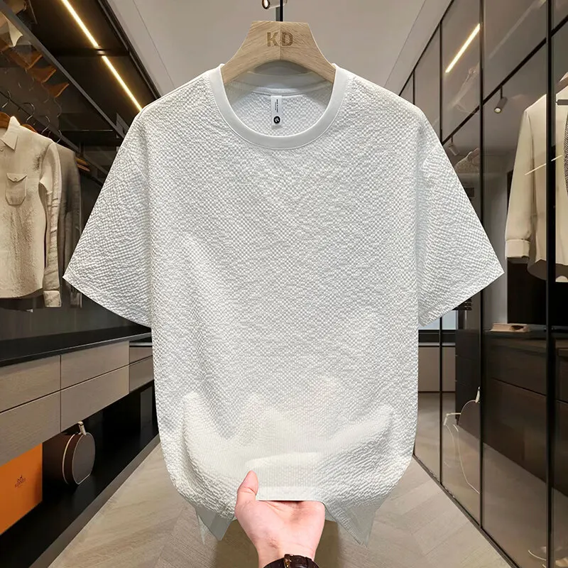 2025 Summer New Release High Quality Men’s 180g Ice Silk Short Sleeve T-Shirt 180g Sweatshirt Loose Knitted Fabric Digital Solid