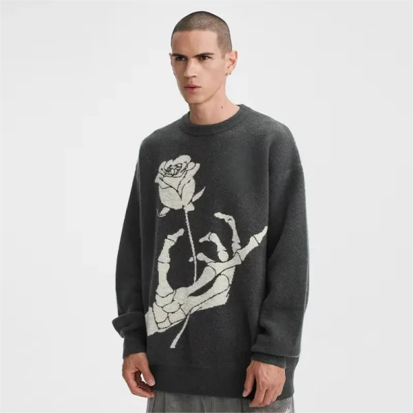 American Retro Print Wool Sweater for Men Women Rose Skull Design Loose Knitted Lazy Couple for Spring Fall Winter - Image 2