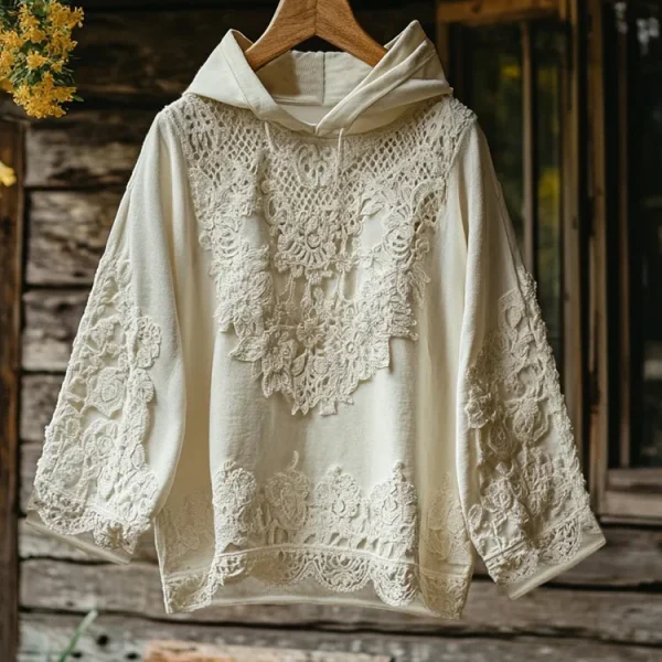 2025 Women's Vintage Wildflower Floral Embroidered Hoodie Sweater Loose Casual Style European American Plus Size for Winter - Image 5