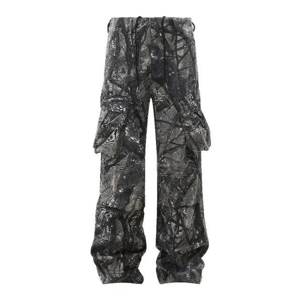 American Vintage Men's Slim Fit Button-Cargon Pants Mid Waist Washed Denim with Tree Print Breathable Baggy Pants for Summer - Image 2