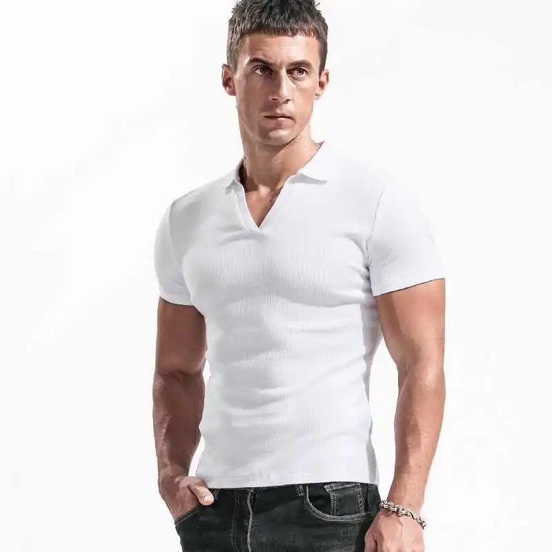 American Style Men’s for Polo Shirt Short Sleeve Slim Fit V-Neck Stretch Solid Color T-Shirt with Turn-Down Collar Knitted