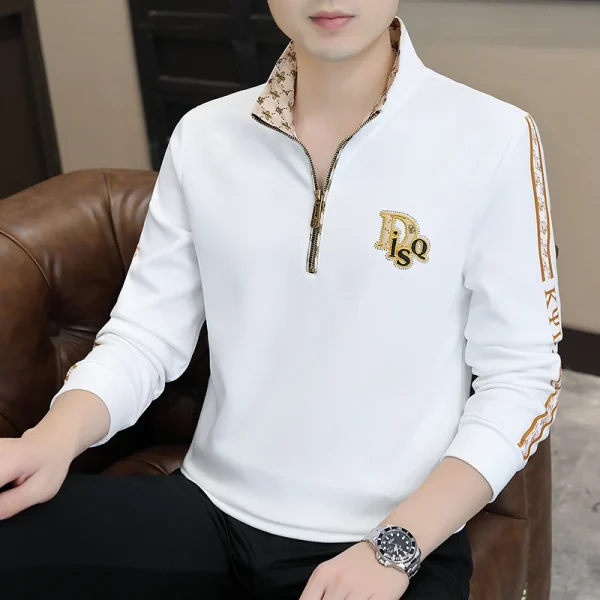 Men's Casual Printed Long Sleeve for Polo T-Shirt Breathable Floral Embroidered Knitted Clothing with Zipper Design - Image 4