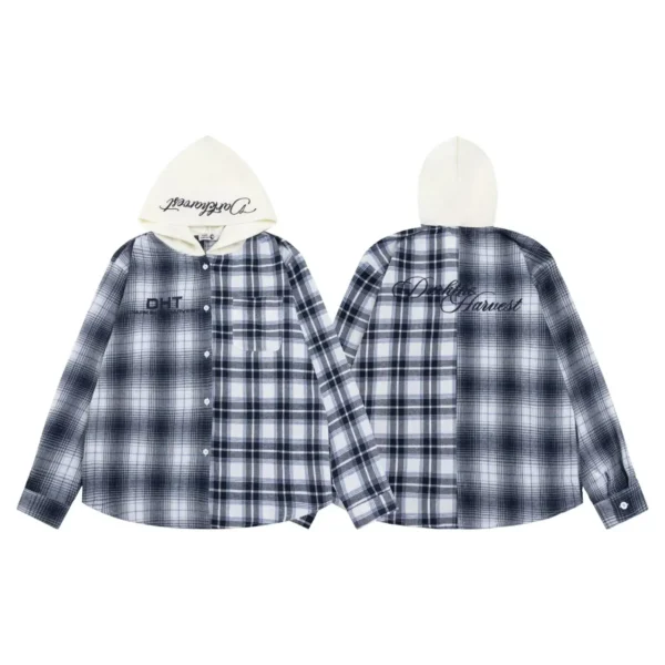 Men's Hoodie High Quality Plaid Shirt Pullover Sweat Wear Contrast Color Hoodies Shirt for Men
