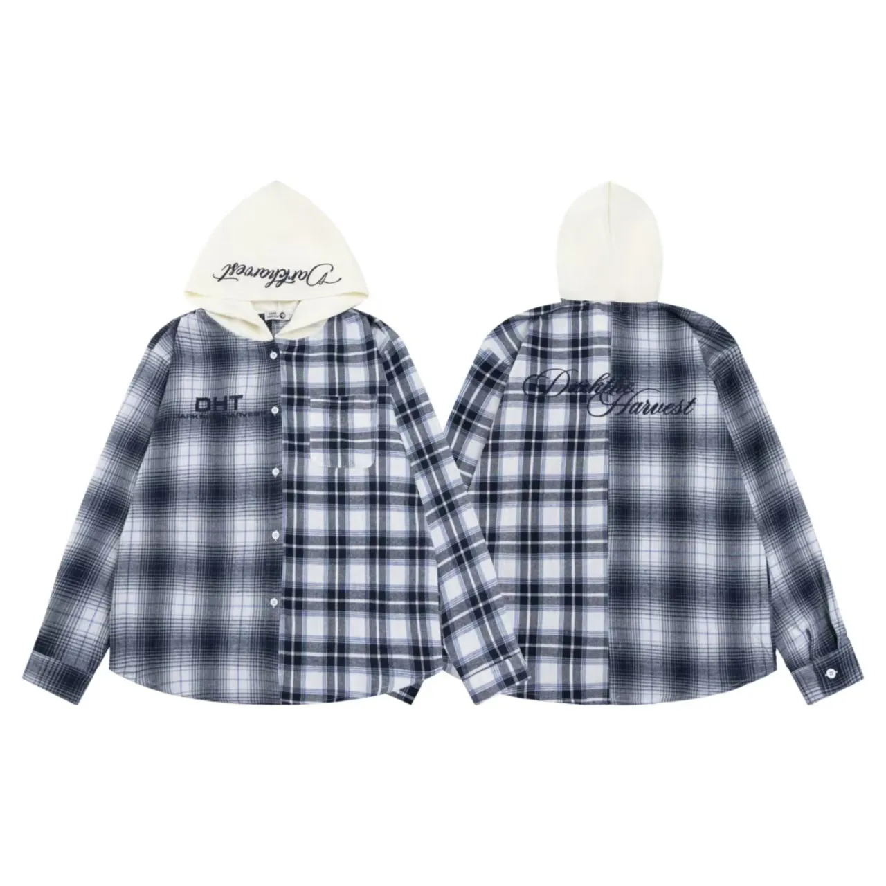 Men’s Hoodie High Quality Plaid Shirt Pullover Sweat Wear Contrast Color Hoodies Shirt for Men