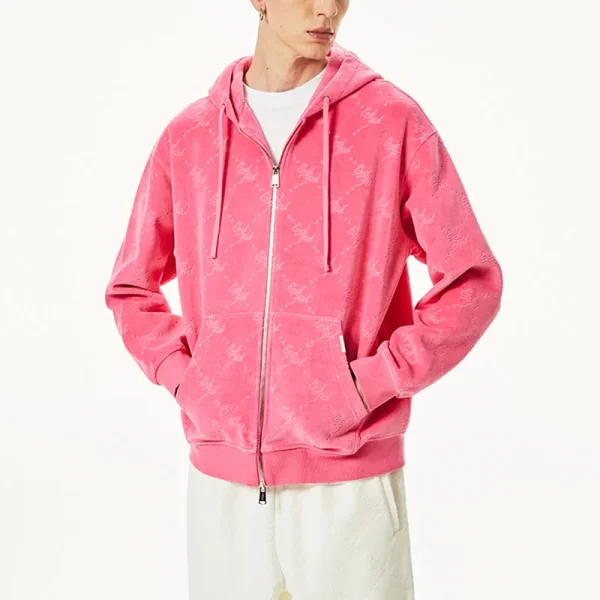 Unisex Acid Wash Hoodie with Rhinestone 1 to 1 Print Zip up Hooded Collar Knitted Material