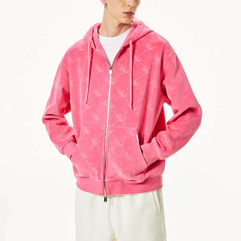 Unisex Acid Wash Hoodie with Rhinestone 1 to 1 Print Zip up Hooded Collar Knitted Material