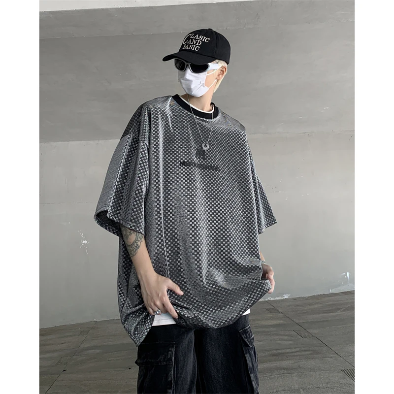 American High Street Trendy Men’s Summer Ice Silk Short-Sleeved T-Shirt Oversize Mid-Sleeve Hiphop Top Solid 220 Grams
