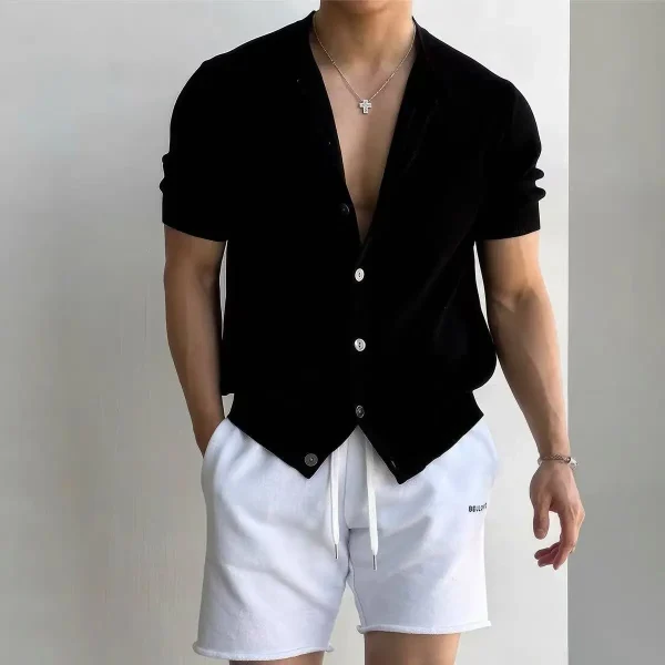 European American Cotton Ice Silk Knitted Cardigan Men's Stand Collar Cool Breathable Slim Short-Sleeved Casual Shirts - Image 3