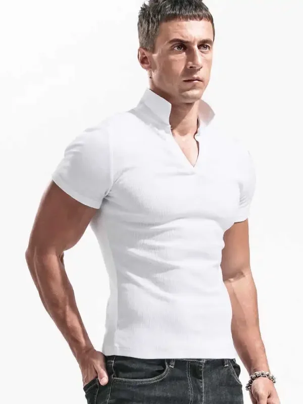 American Style Men's for Polo Shirt Short Sleeve Slim Fit V-Neck Stretch Solid Color T-Shirt with Turn-Down Collar Knitted - Image 3