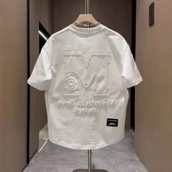 2025 Summer Trendyy Men's Casual Short-Sleeved T-Shirt 100% Cotton Heavy Industry 3D Embroidered Letter Design Men's 3D - Image 3