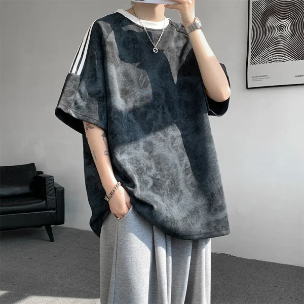 American Retro Trendy Summer Half-Sleeved Top for Men 220 Grams Solid Hand-Tied Dye High Street Style 100% Cotton Short-Sleeved