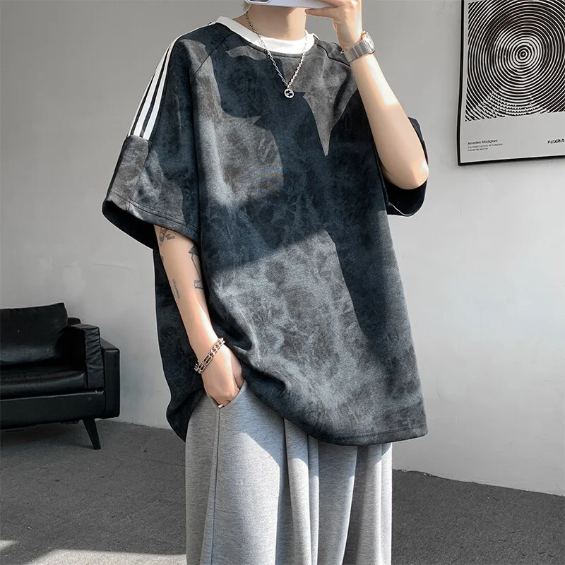 American Retro Trendy Summer Half-Sleeved Top for Men 220 Grams Solid Hand-Tied Dye High Street Style 100% Cotton Short-Sleeved
