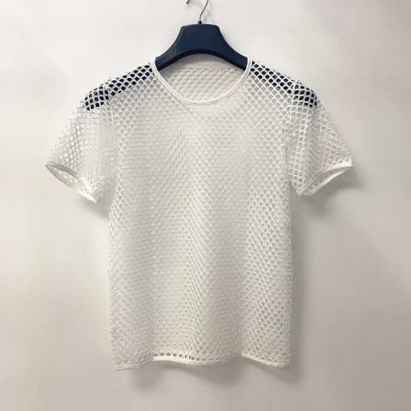 European American Summer New Product Men's Personalized Neck Cut T-Shirt Casual Group Blouse Mesh Fishnet Breathable Hole Solid - Image 4