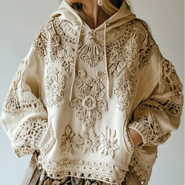 2025 Women's Vintage Wildflower Floral Embroidered Hoodie Sweater Loose Casual Style European American Plus Size for Winter - Image 6