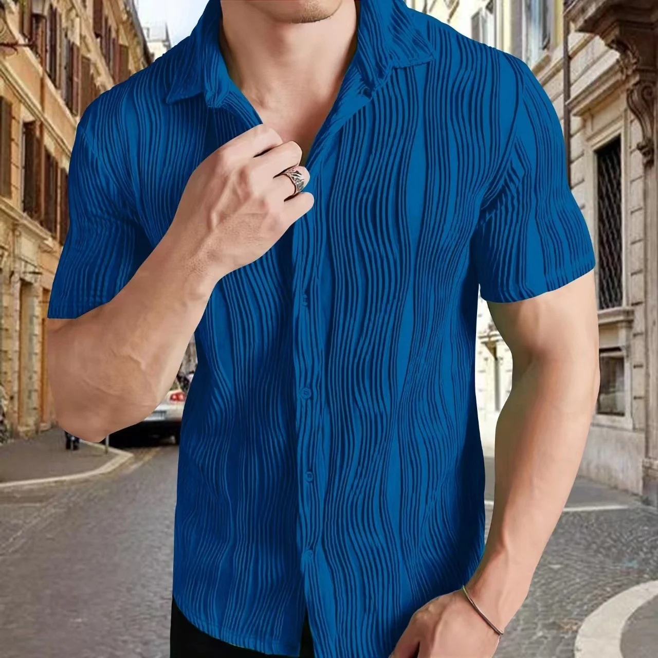 2025 Men’s Large Size Cross-Border Casual Short-Sleeved Shirt Breathable Pure Color European American Style 220 Grams Solid