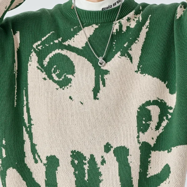 Unisex Bad Student Thick Knit Oversized Sweater American European Trendy Green Cotton Crew Neck Men Women's Loose Fit for Autumn - Image 4