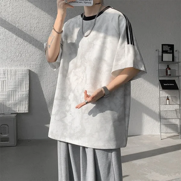 American Retro Trendy Summer Half-Sleeved Top for Men 220 Grams Solid Hand-Tied Dye High Street Style 100% Cotton Short-Sleeved - Image 5
