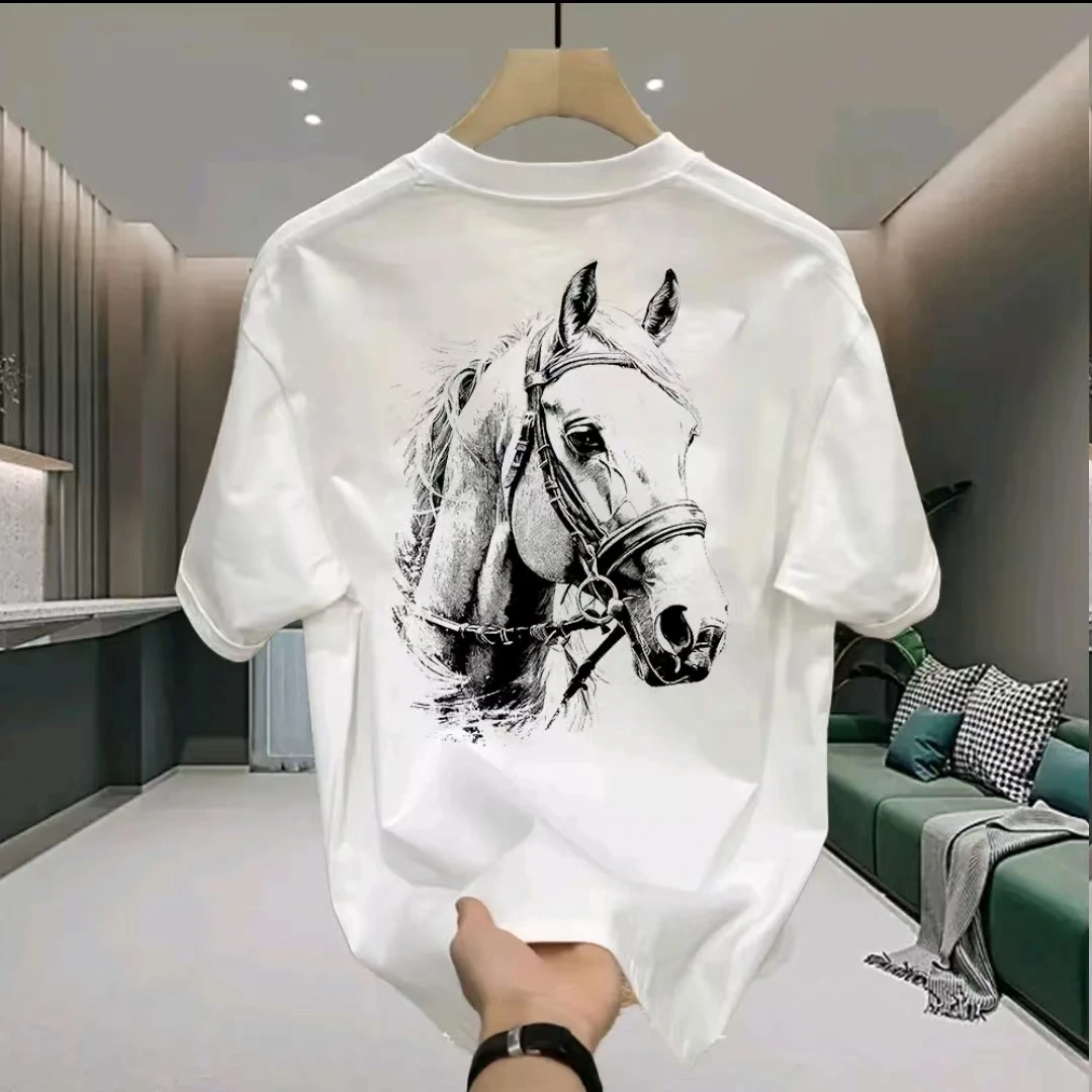 American Style Horse Print T-Shirt Short Sleeve Youth Loose Fit Unisex Casual Sublimation 100% Cotton T-Shirts