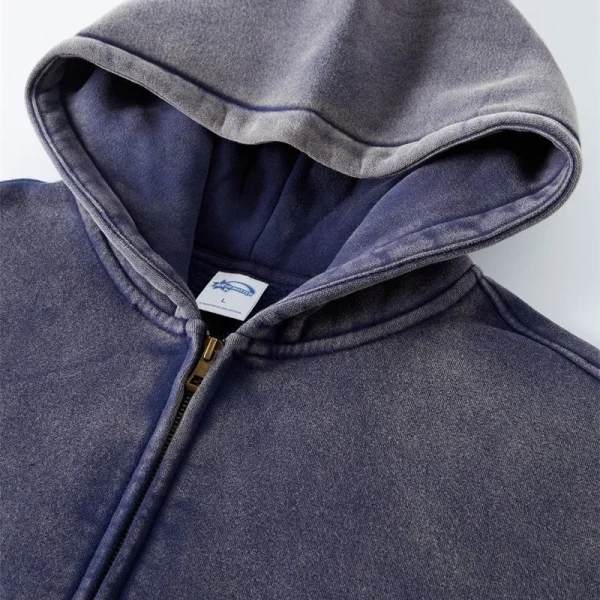 Autumn Men's 100% Cotton Cardigan Sweater Loose Distressed Hoodie with Zipper American European Oversize Design Solid Pattern - Image 2